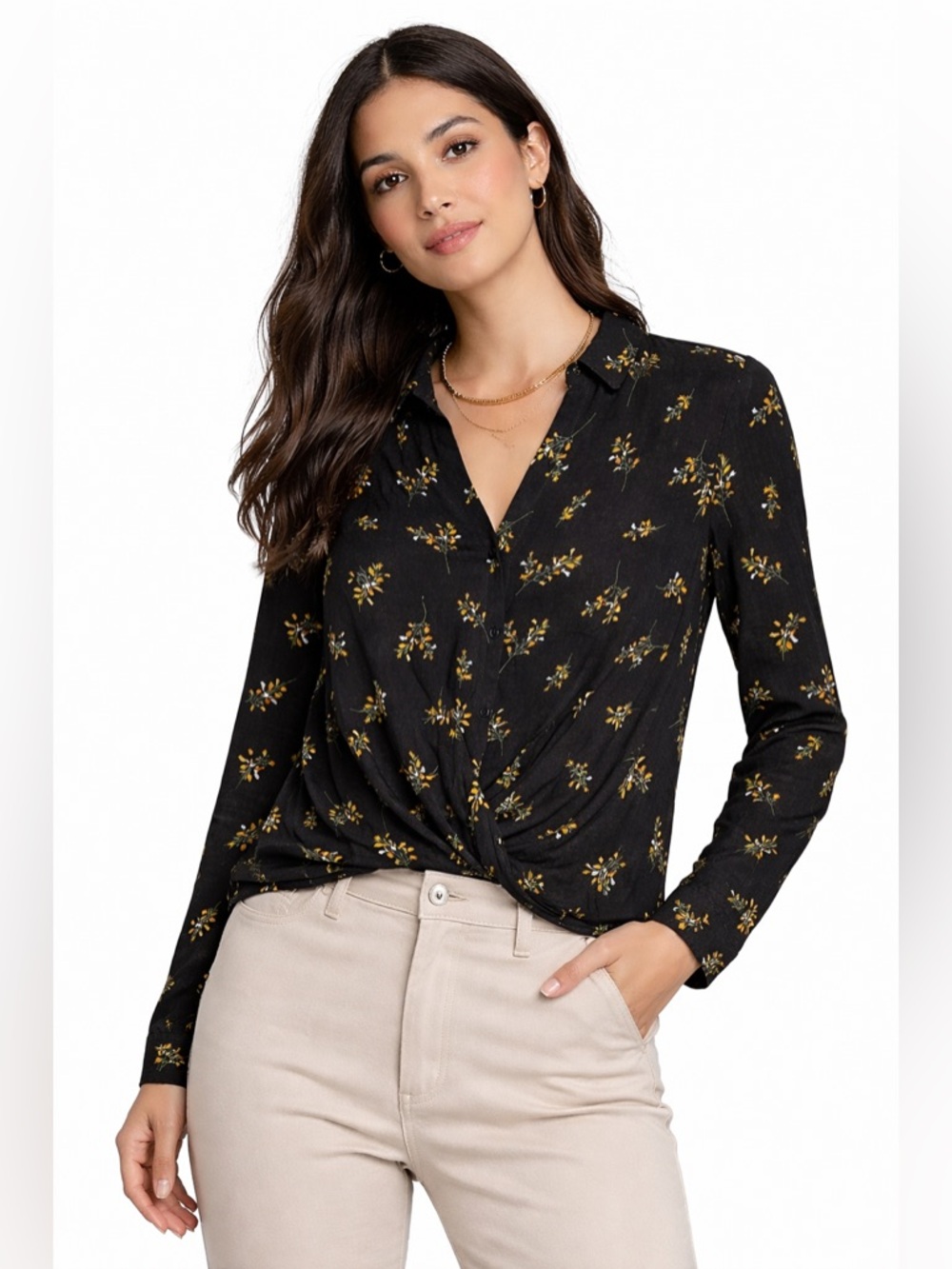 All in Favor Black Twist-Front Floral Blouse with Yellow Print